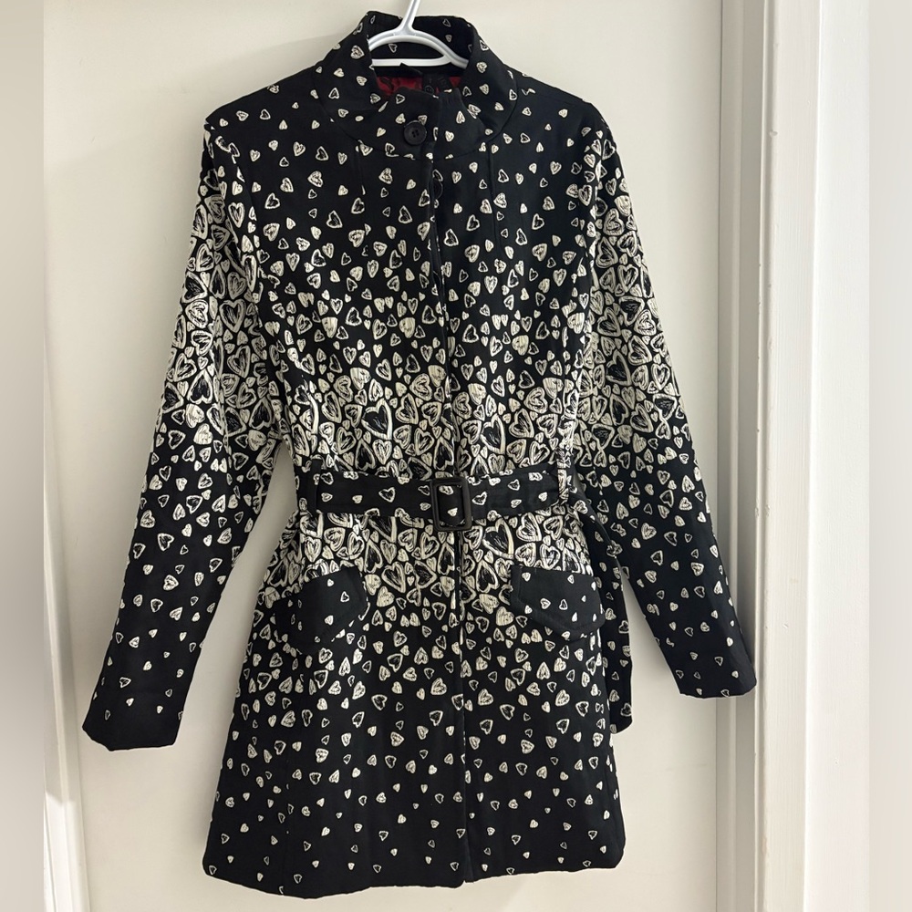 Desigual Black and White Heart-Print Belted Trench Coat